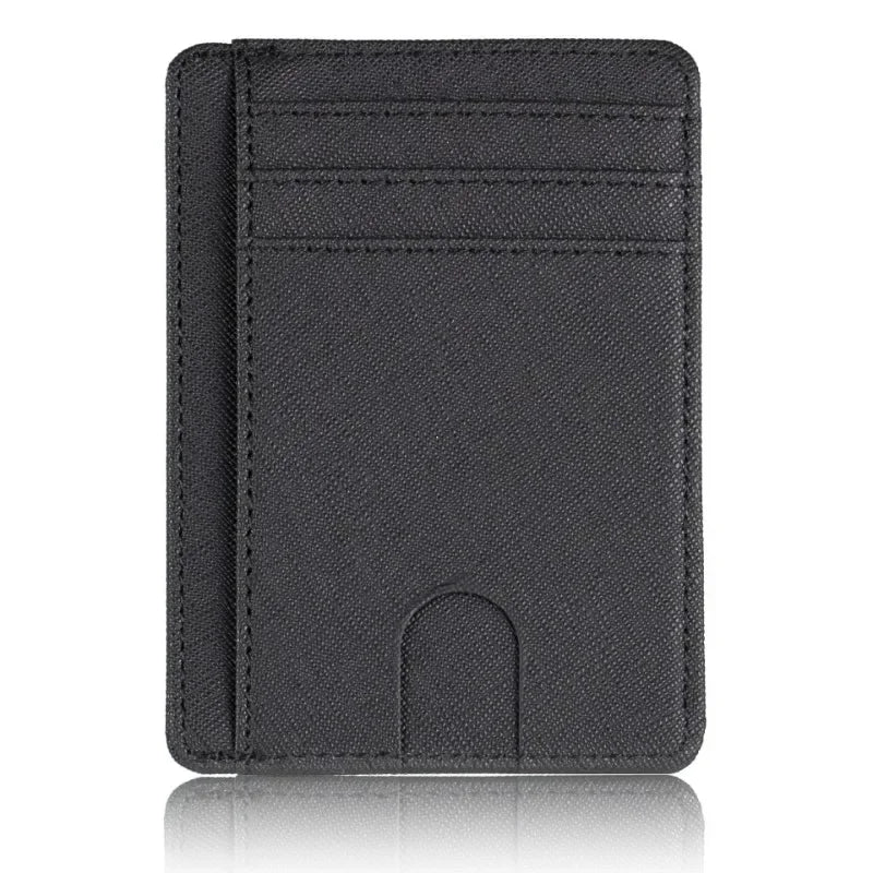 A black slim PU leather card holder wallet shown from the front.