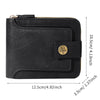 Black leather horizontal zipper card wallet with gold accent and stitched edges
