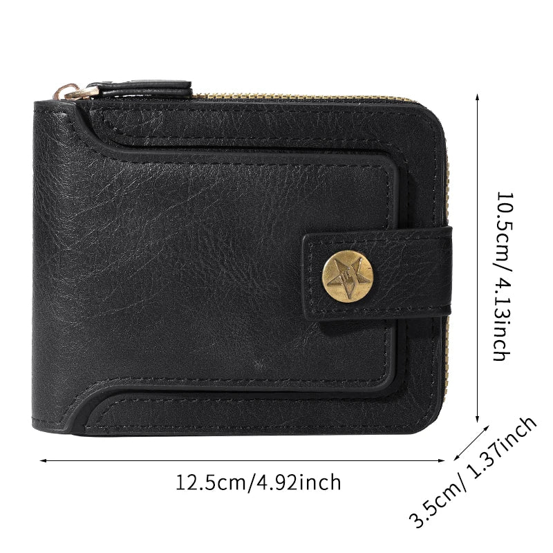 Black leather horizontal zipper card wallet with gold accent and stitched edges