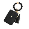 Black leopard print leather card holder with a gold chain keychain and black bead bangle