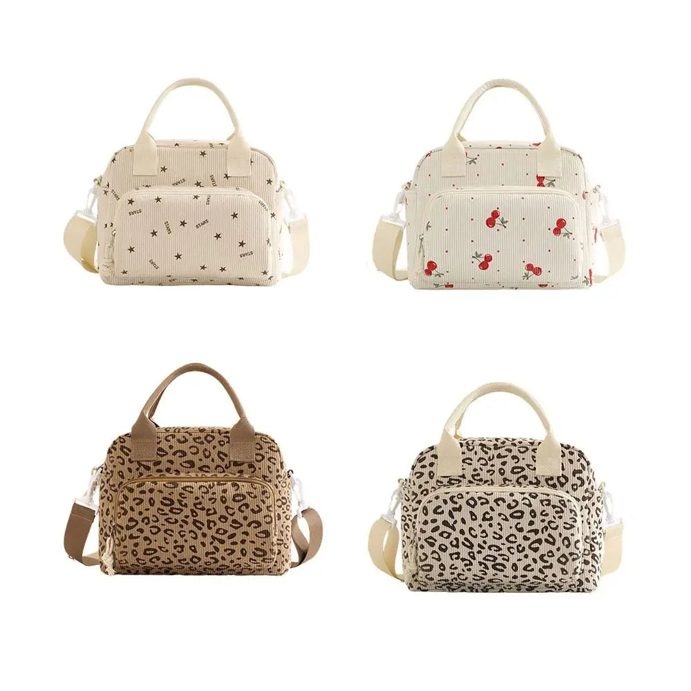 Sacs à lunch portables en velours côtelé beige et imprimé léopard, vue de face