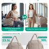 A beige expandable lightweight travel duffle bag shown in both compact and expanded sizes.