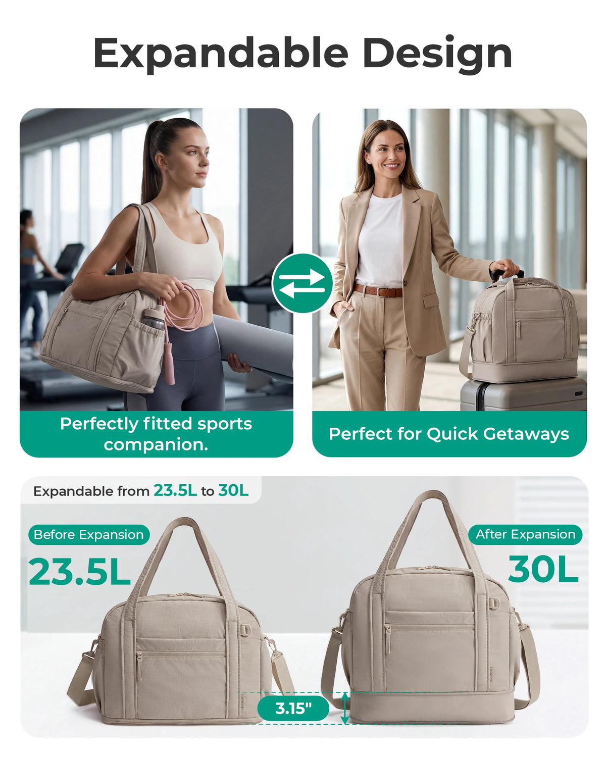 A beige expandable lightweight travel duffle bag shown in both compact and expanded sizes.
