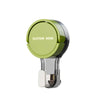 A round, olive green suction hook with a clear plastic base and a silver clip.