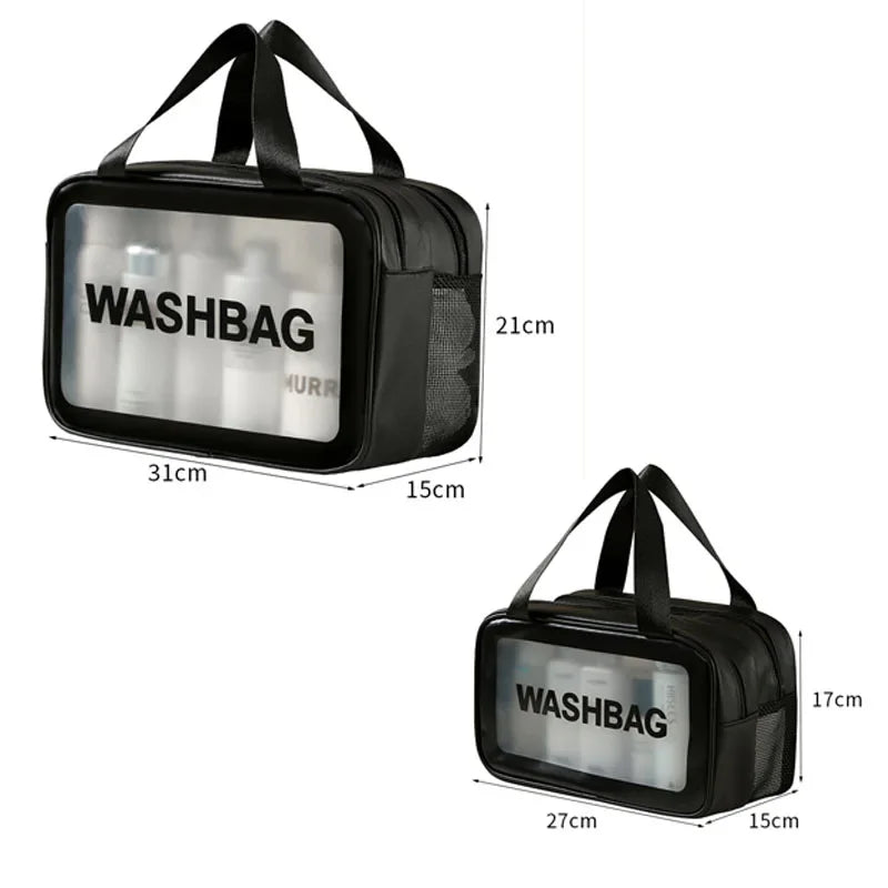 Black waterproof washbag pouch with clear window for sports and travel items