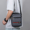 A gray t-shirt sleeve shows a black and gray versatile men's crossbody sling bag with a checkered pattern and red, green, and