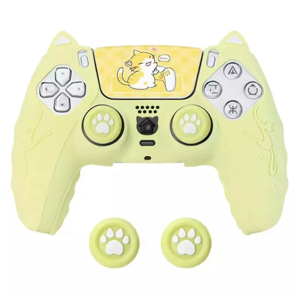 A light yellow silicone grip cover for a controller featuring a cat design and paw print buttons.