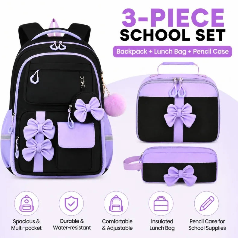 A 3-piece school set featuring a black backpack, lunch bag, and pencil case in purple and black.