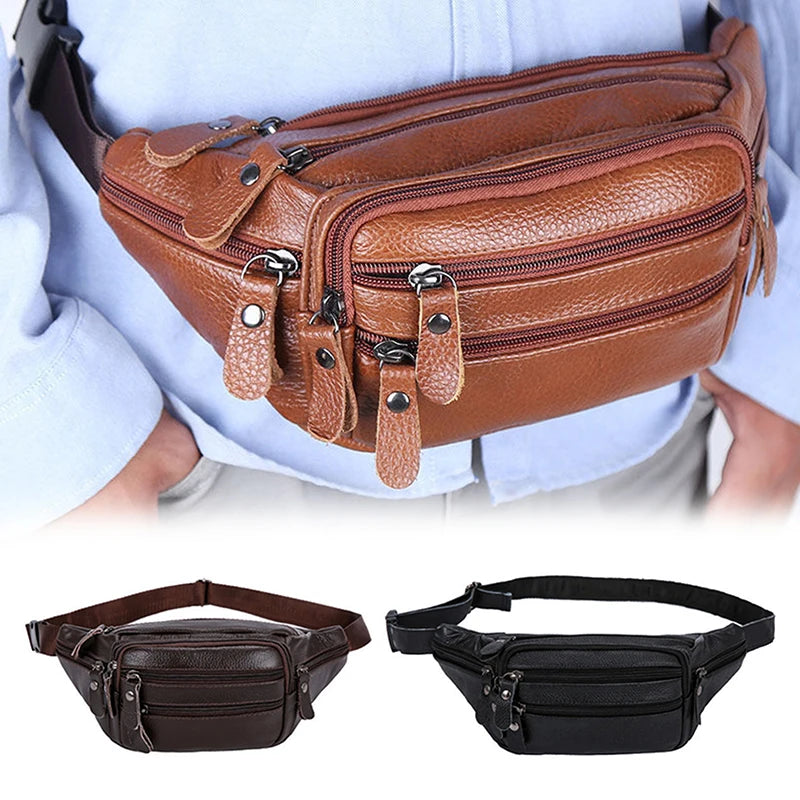 Un sac à taille en cuir véritable marron pour homme porté, à côté d'une version noire.