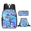 A blue and purple anime character kids backpack featuring various cute animal characters