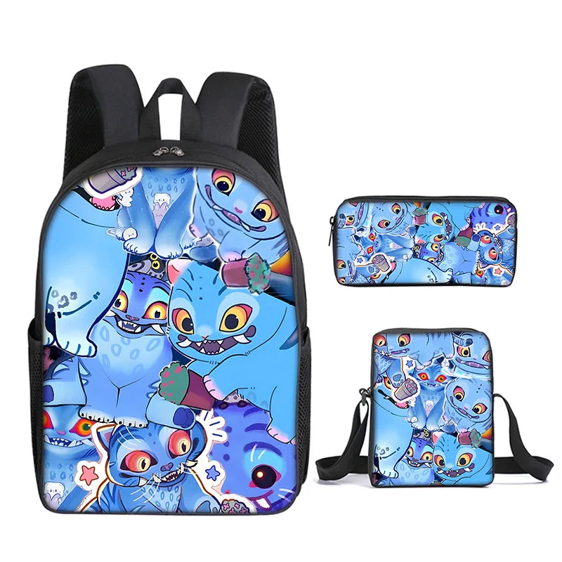 A blue and purple anime character kids backpack featuring various cute animal characters