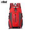 A red waterproof hiking backpack with black and gray accents shown from the back.