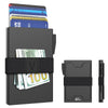A black minimalist metal card holder with an expandable backplate showing various credit cards and cash.
