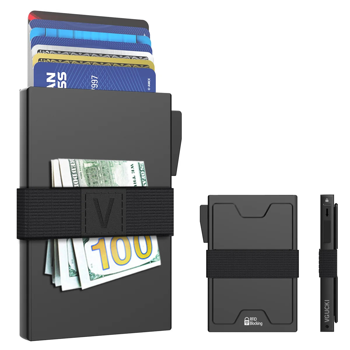 A black minimalist metal card holder with an expandable backplate showing various credit cards and cash.