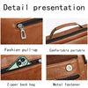 Detail presentation of a brown faux leather bag showing features like a fashion pull-up, comfortable portable design, zipper 