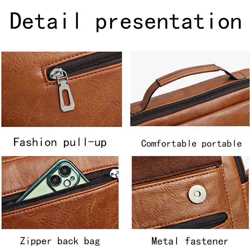 Detail presentation of a brown faux leather bag showing features like a fashion pull-up, comfortable portable design, zipper 