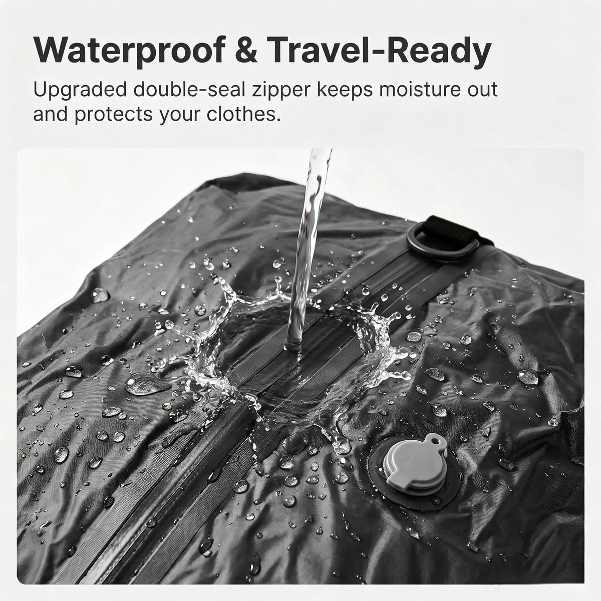 Close-up of a waterproof vacuum storage bag showing water dripping through the zipper and protecting clothing.