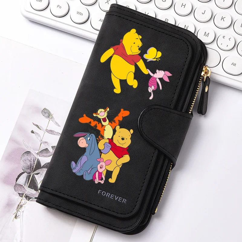 Black women's long zipper handbag coin purse featuring colorful cartoon animals