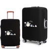 Black elastic luggage cover with a cartoon print featuring cats and umbrellas.