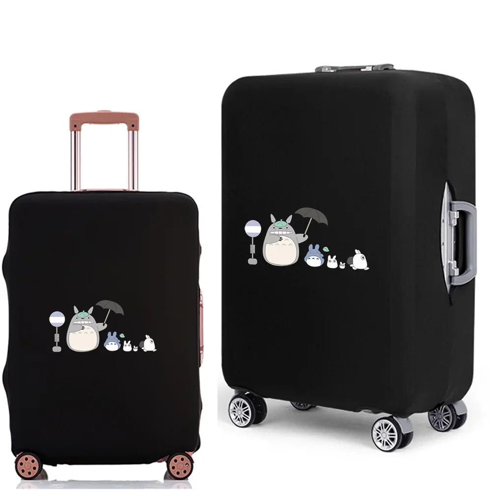 Black elastic luggage cover with a cartoon print featuring cats and umbrellas.