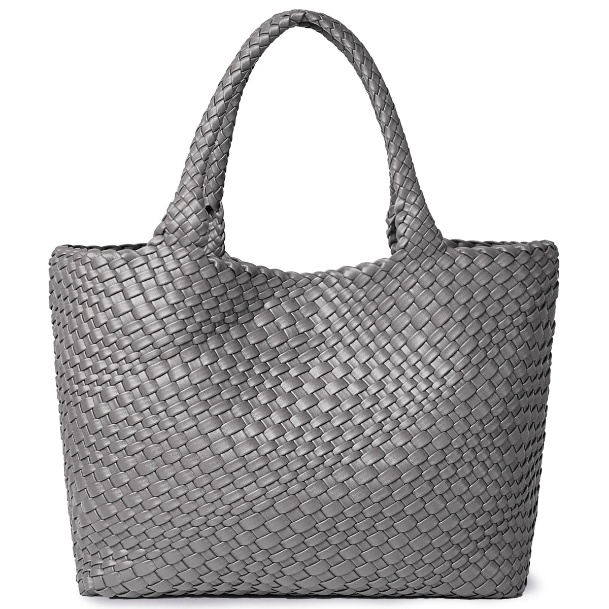 A gray handwoven vegan leather tote bag with a woven texture.