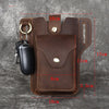 A brown genuine leather men's waist bag with a flap closure and a black flashlight attached.