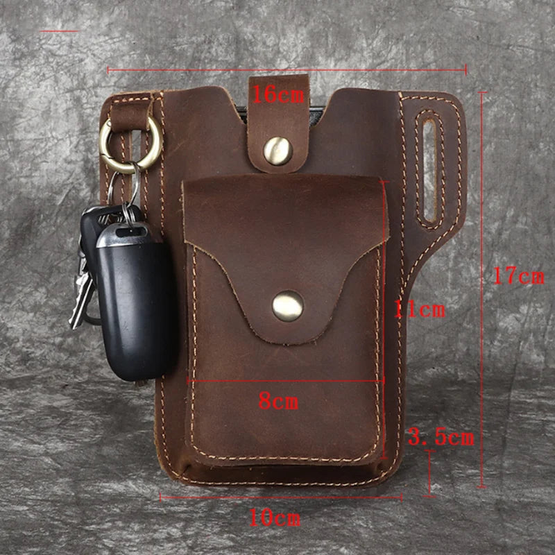 A brown genuine leather men's waist bag with a flap closure and a black flashlight attached.