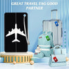 A set of luggage tags and a silver suitcase are displayed on a light blue background.