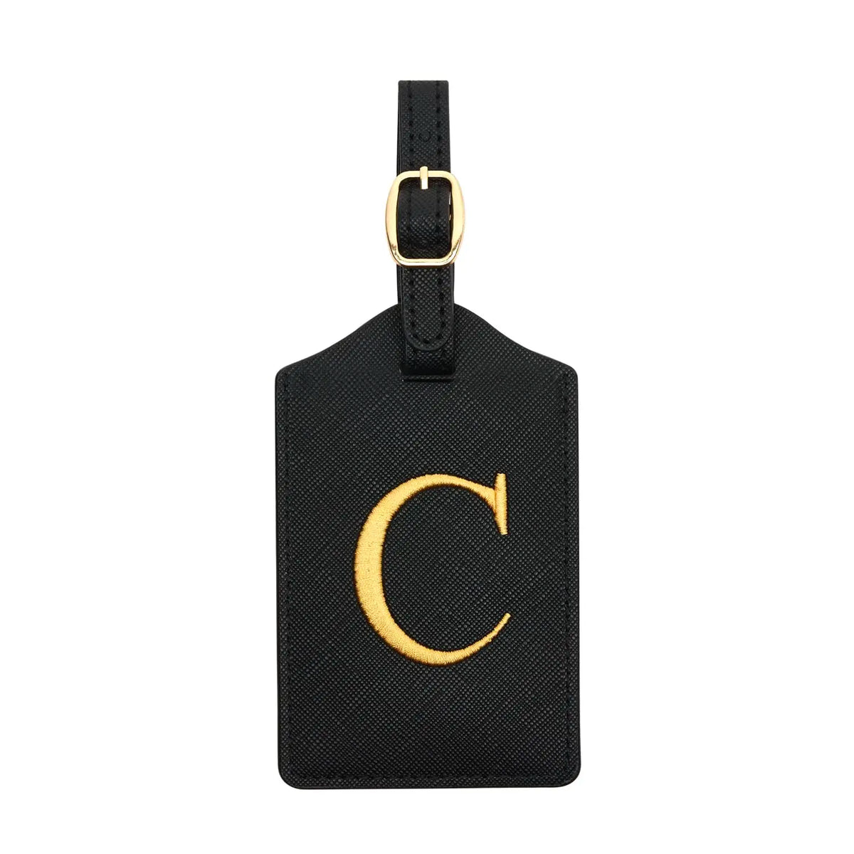 Black PU leather luggage tag with a gold initial C and a metal loop for attachment.