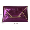 A rectangular purple crocodile pattern coin purse clutch with gold trim.