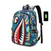 A colorful patterned backpack with a black strap and an attached smartphone.