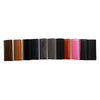 A row of twelve minimalist RFID blocking wallets in various leather and colored finishes.