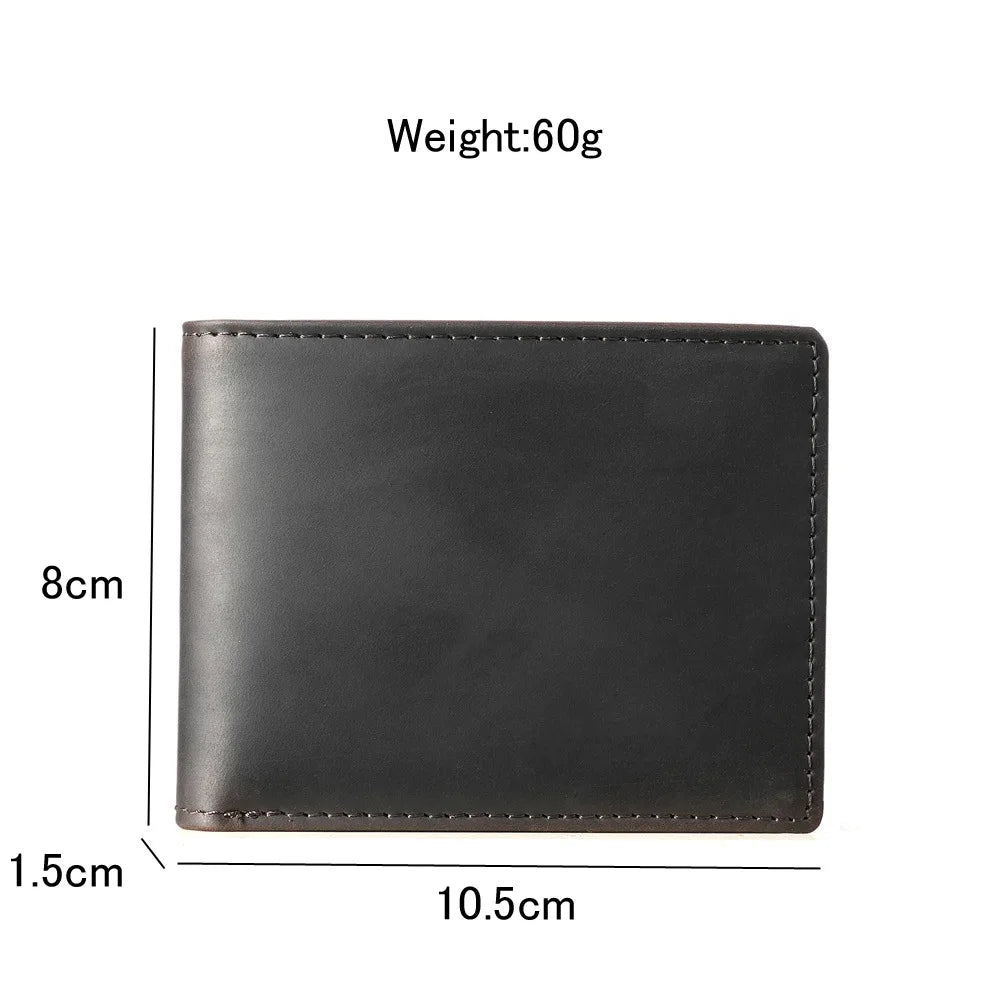 A dark brown men's bifold retro cowhide leather wallet shown from the top view.