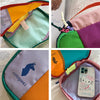 A set of waterproof travel toiletry bags in various colors including orange, pink, and purple.