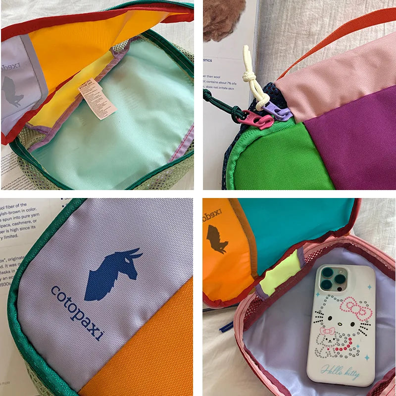 A set of waterproof travel toiletry bags in various colors including orange, pink, and purple.