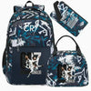 A dark blue and white sports laptop backpack with a matching rain cover displayed against a white background.