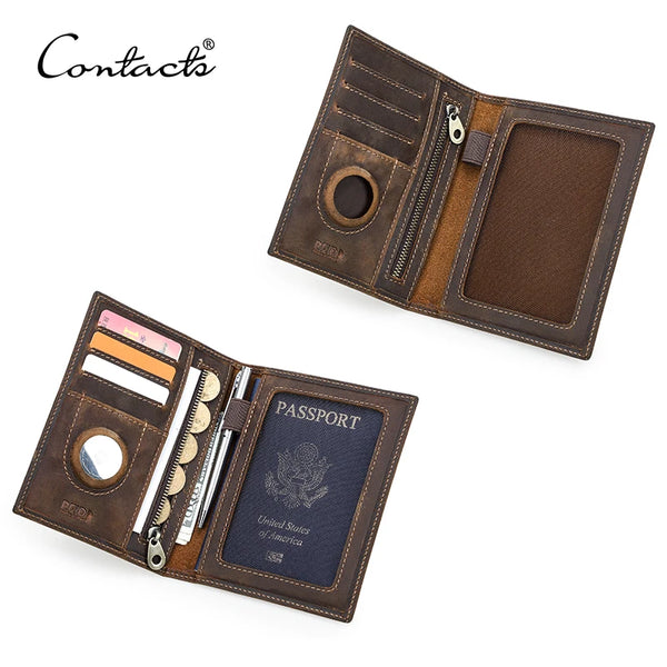 A brown leather passport card holder with a zippered compartment and an open wallet section.