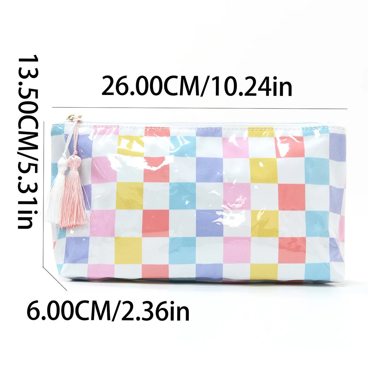 A rectangular cosmetic storage pouch featuring a colorful checkered pattern in pink, yellow, blue, and purple squares.