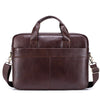 A dark brown genuine leather men's briefcase with a top handle and leather straps.