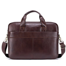A dark brown genuine leather men's briefcase with a top handle and leather straps.