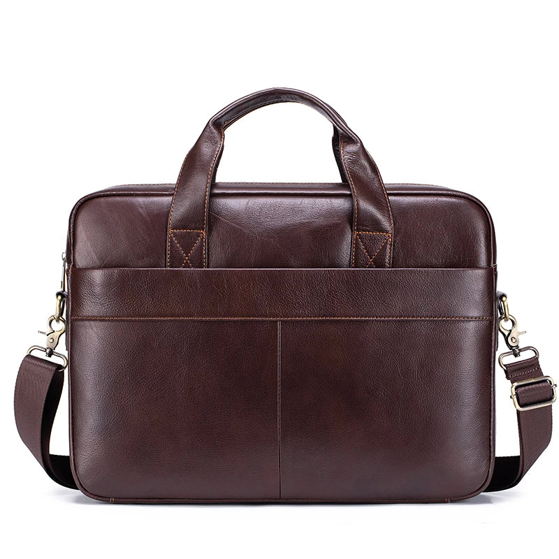 A dark brown genuine leather men's briefcase with a top handle and leather straps.