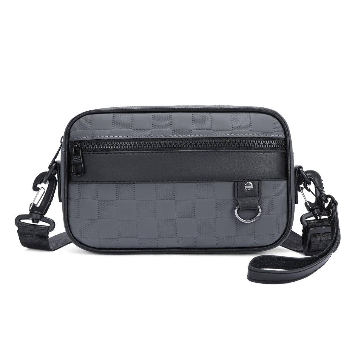 A black men's PU leather crossbody bag with a quilted pattern and adjustable strap.