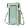 Hellmintgrüne Touchscreen-Crossbody-Handytasche mit klarem Fenster und braunem Riemen.