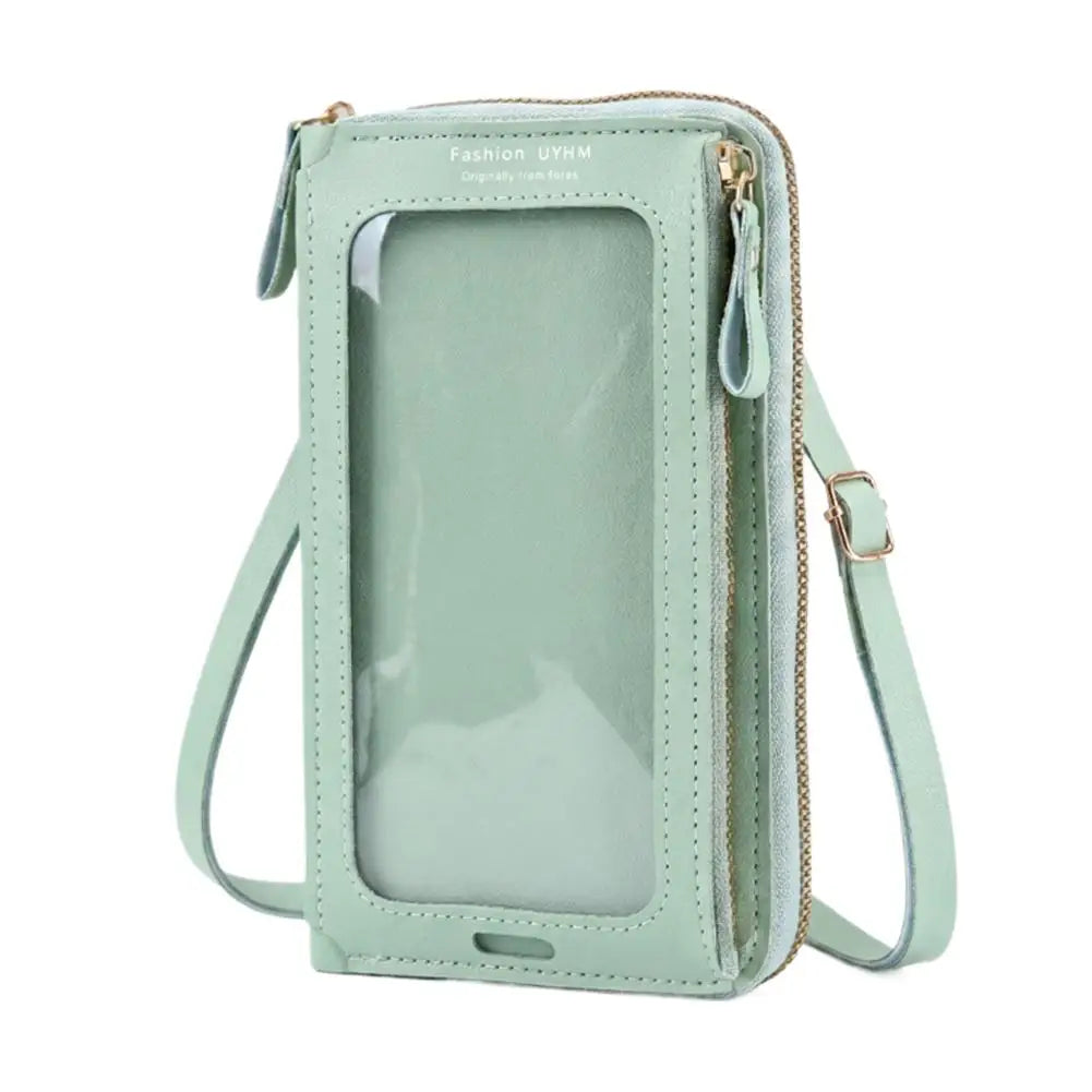 Hellmintgrüne Touchscreen-Crossbody-Handytasche mit klarem Fenster und braunem Riemen.