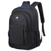 Black unisex double-shoulder travel backpack with blue accents