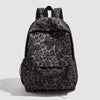 A dark gray leopard print laptop backpack with padded straps.