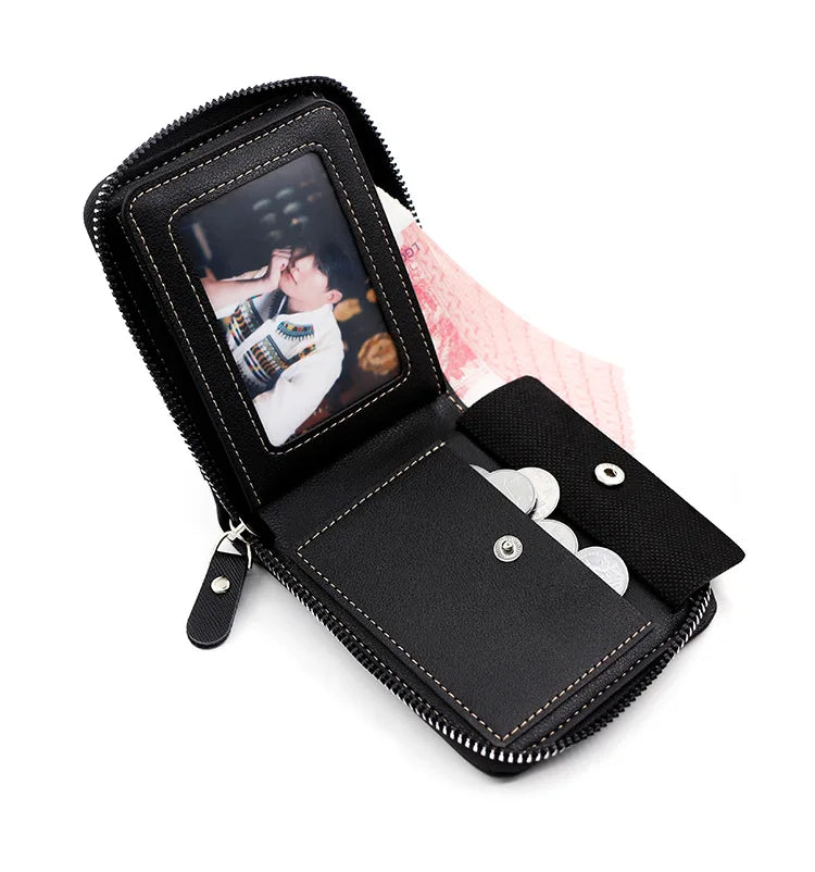 Black vintage PU leather wallet with a card holder and coin pocket displayed open.