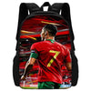 A backpack featuring a graphic of a soccer player in a red jersey with the number 7 against a blurred background.