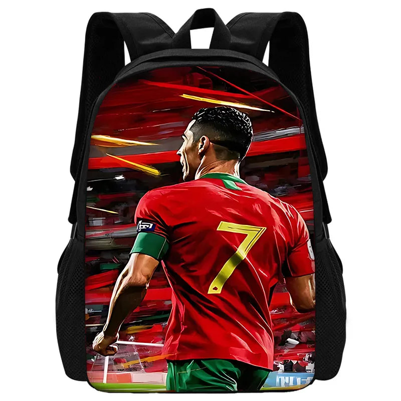 A backpack featuring a graphic of a soccer player in a red jersey with the number 7 against a blurred background.