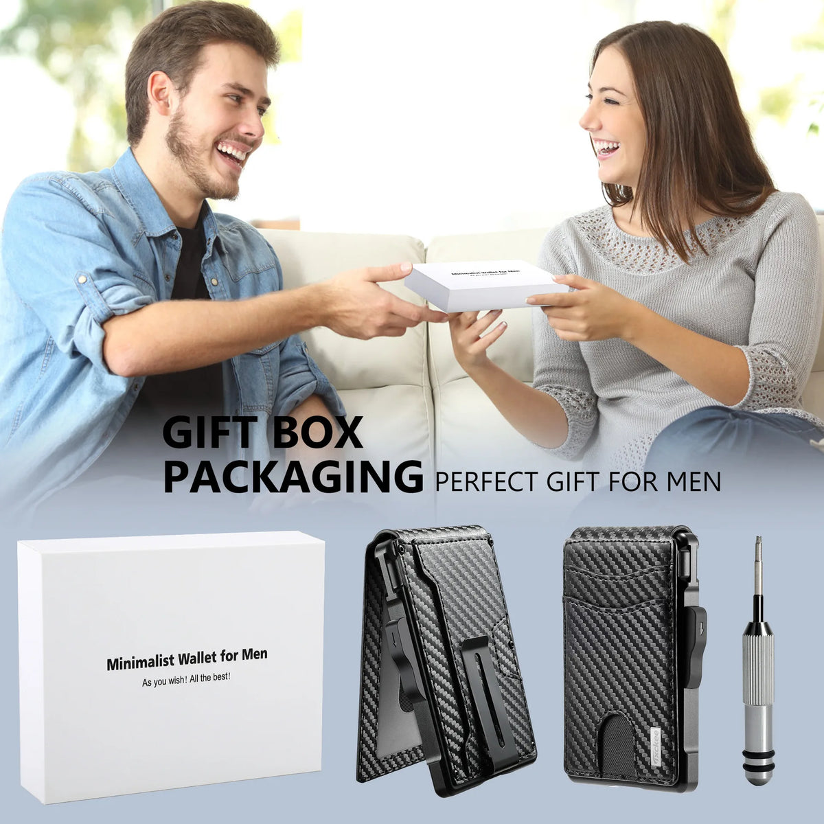 Gift box packaging for a minimalist wallet for men and an RFID blocking card holder wallet with money clip